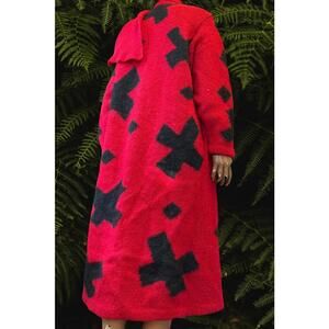 Vintage 80’s mohair wool long coat red with black floating crosses size M